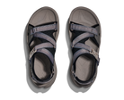 Pair of gray sandals with multiple straps on a white background