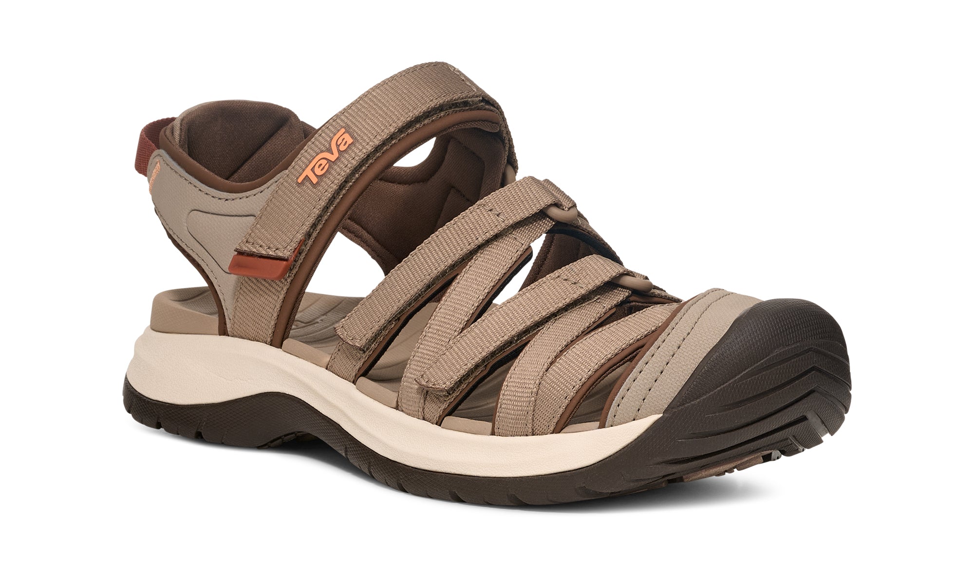 Brown sandal with visible brand logo on a white background