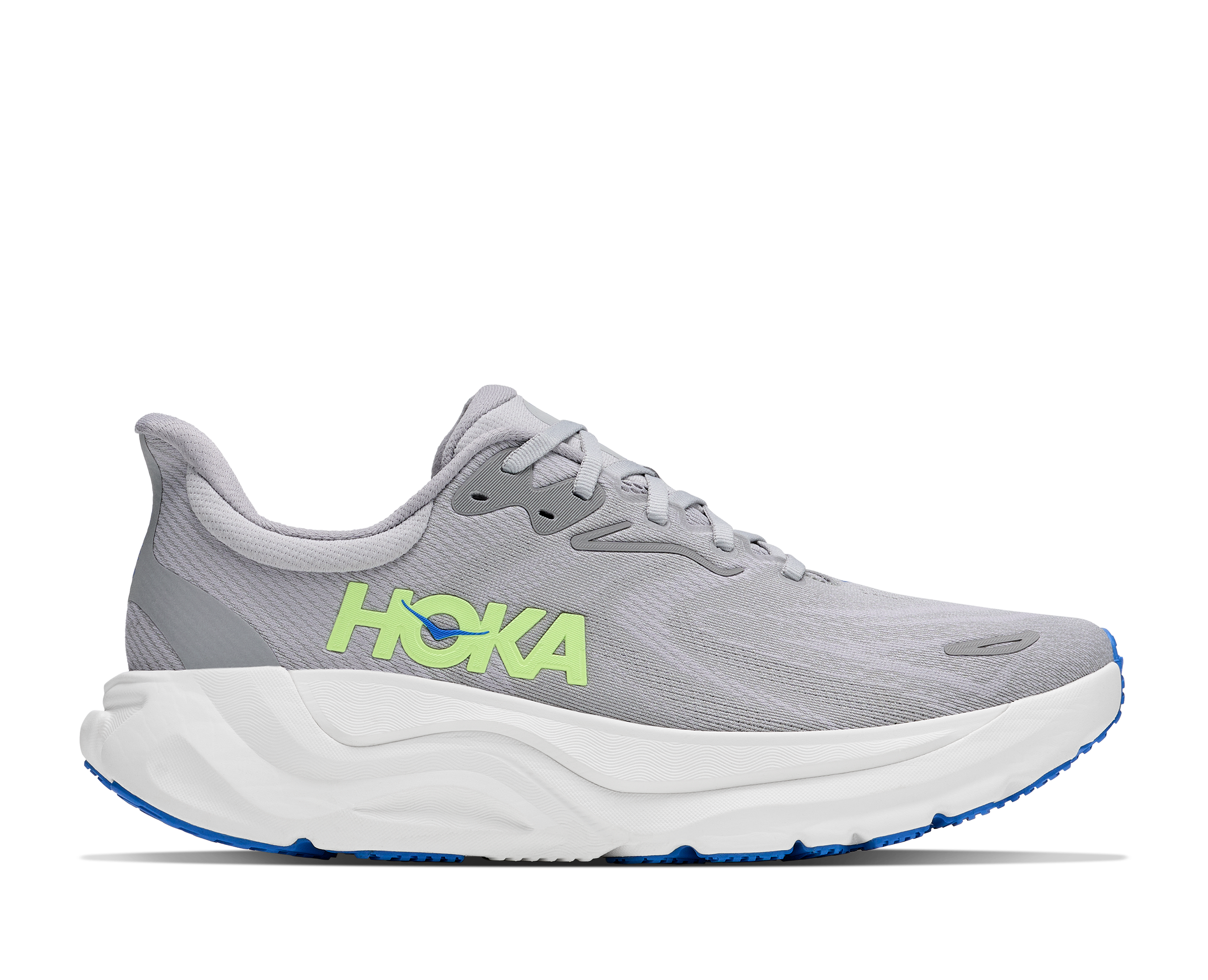 Gray running shoe with green 'Hoka' logo on a white background