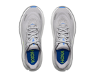 Pair of gray running shoes with blue soles on a white background