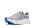 Gray running shoe with blue accents on a white background