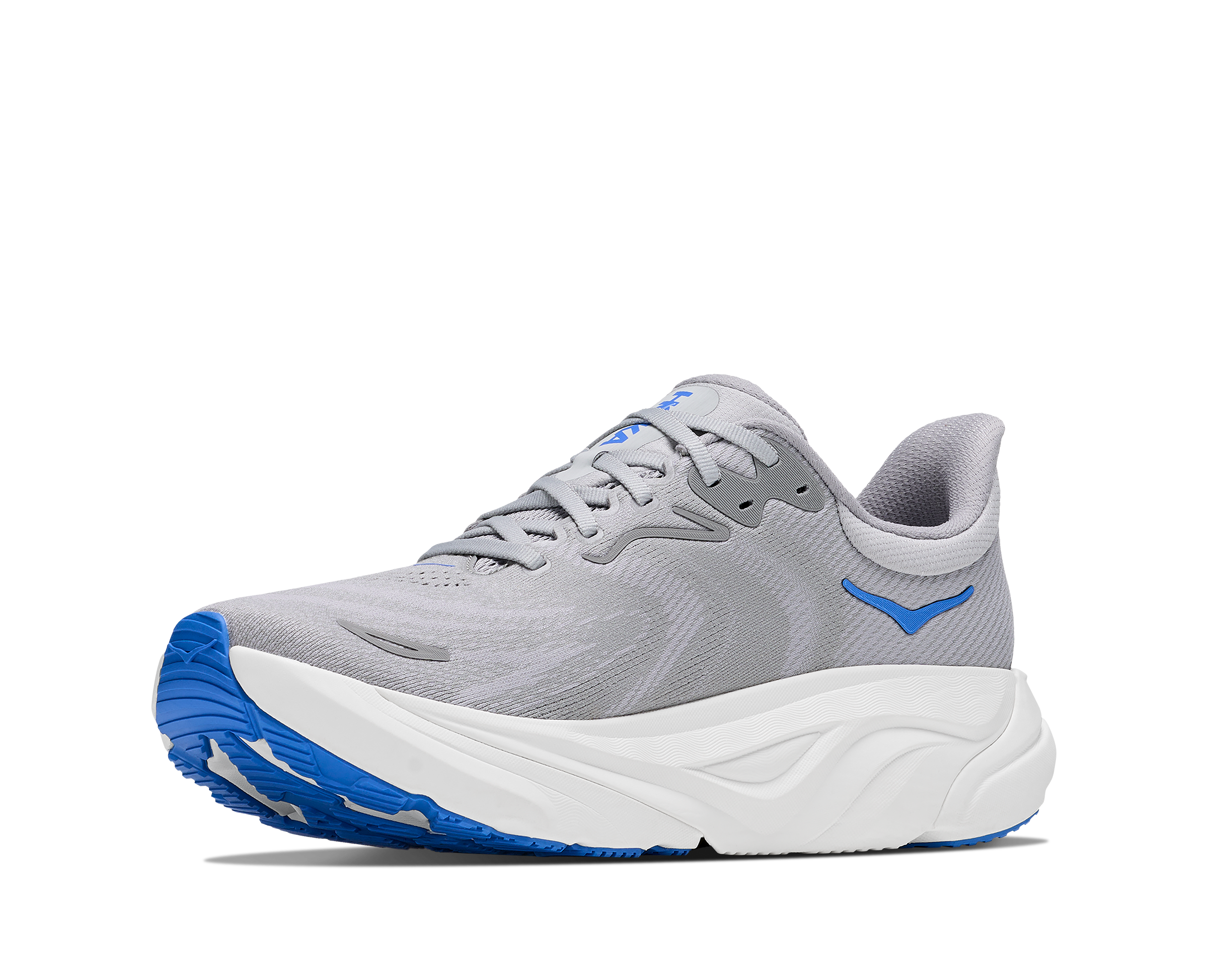 Gray running shoe with blue accents on a white background