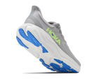 A Hoka running shoe in gray, white, and blue, shown from a three-quarters angle against a plain white background.
