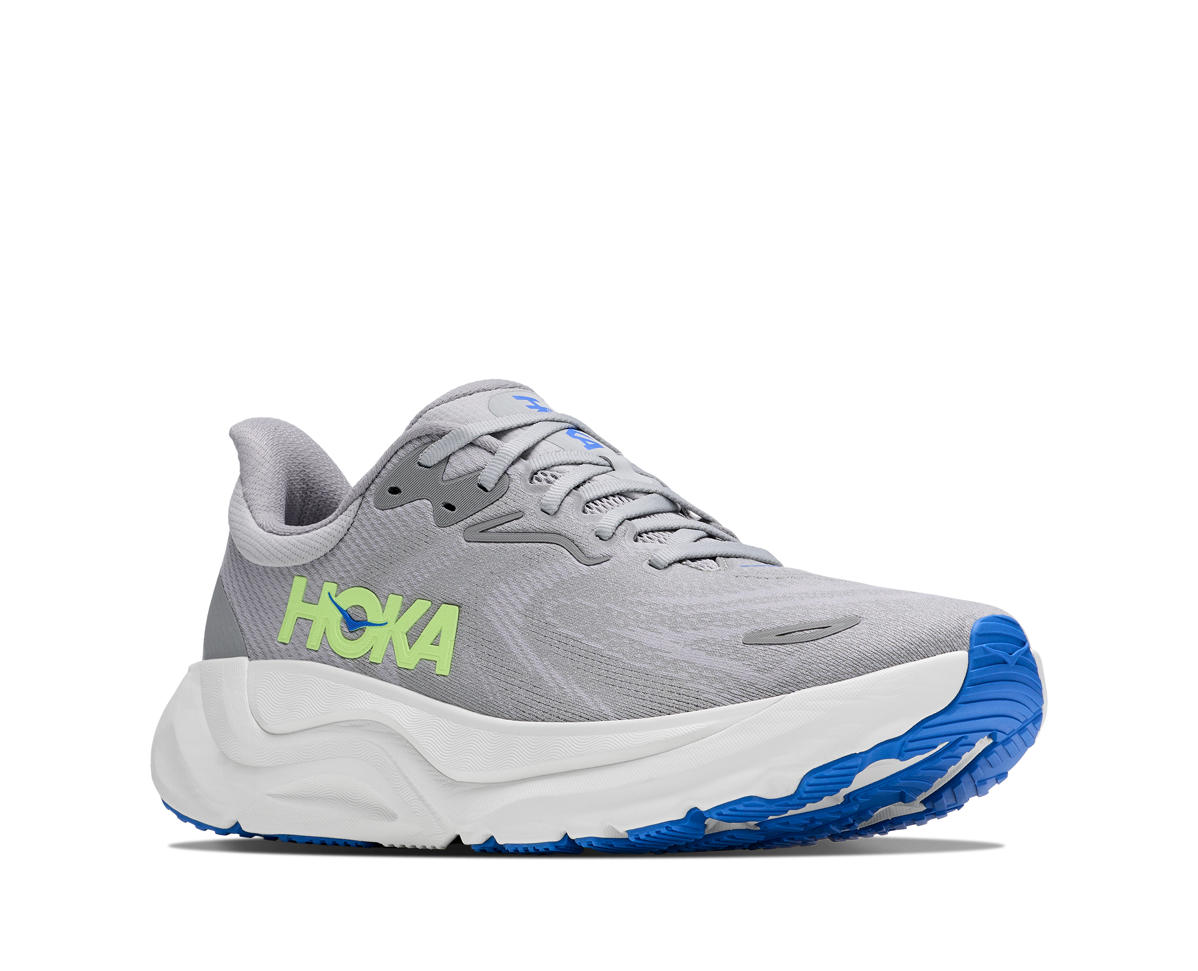 Gray running shoe with blue sole and green 'Hoka' logo on a white background