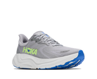 Gray running shoe with blue sole and green 'Hoka' logo on a white background