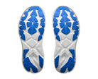 White and blue shoe soles on a white background