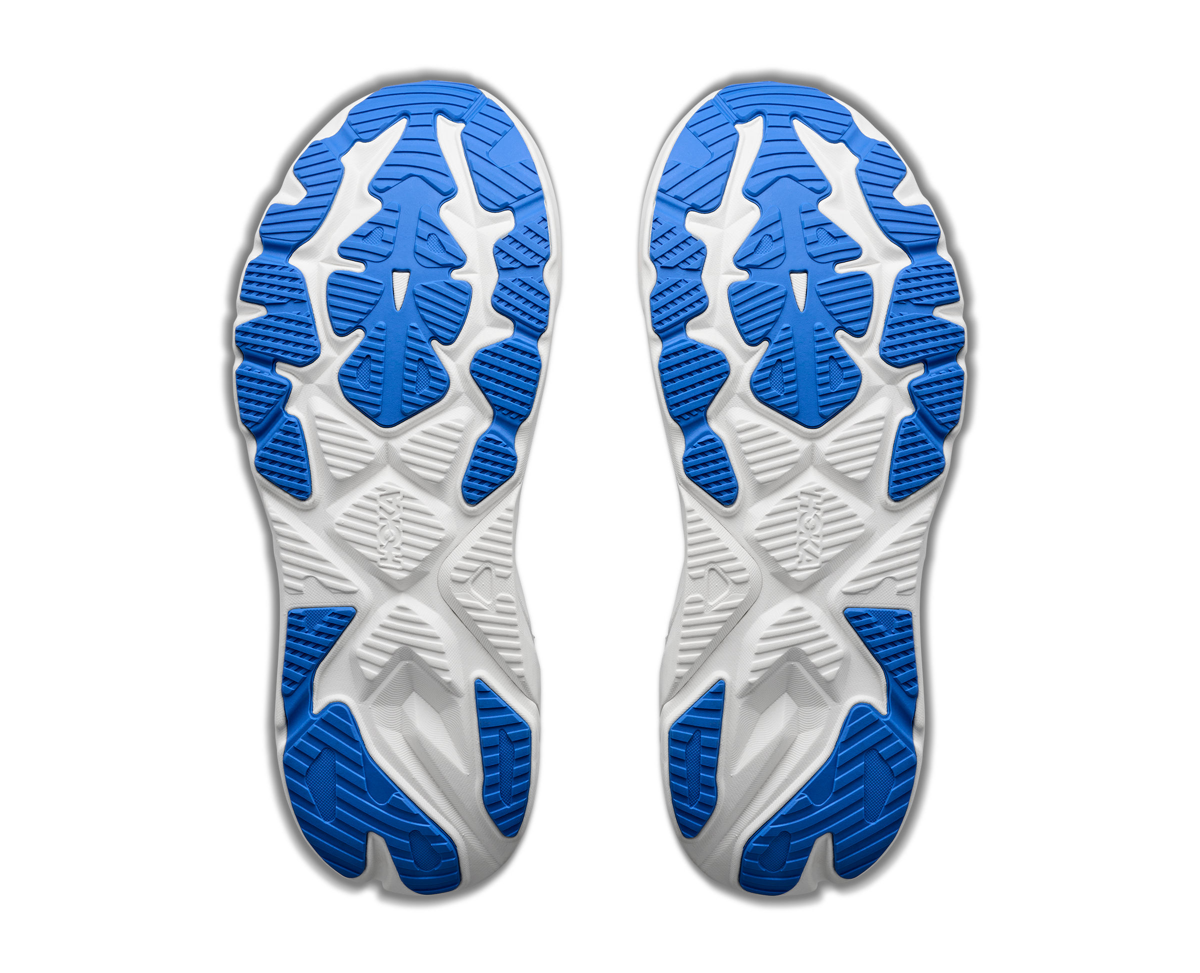 White and blue shoe soles on a white background