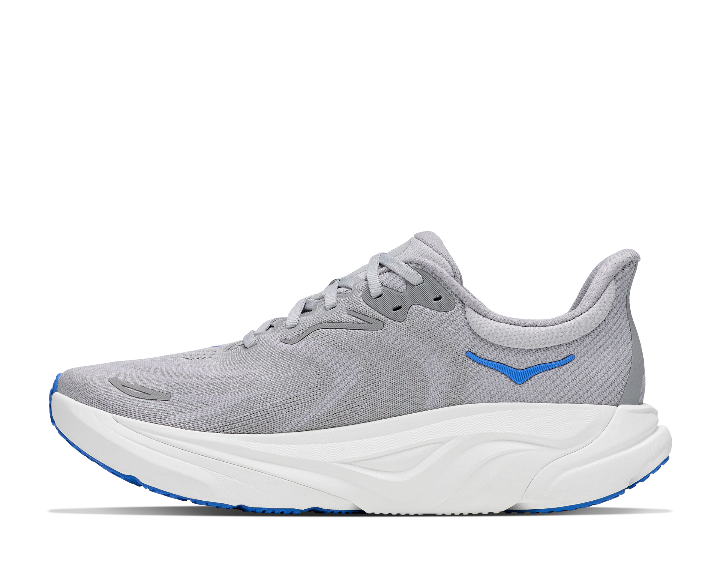 Gray running shoe with blue accents on a white background