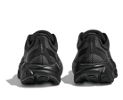 Black running shoes shown from the back on a white background