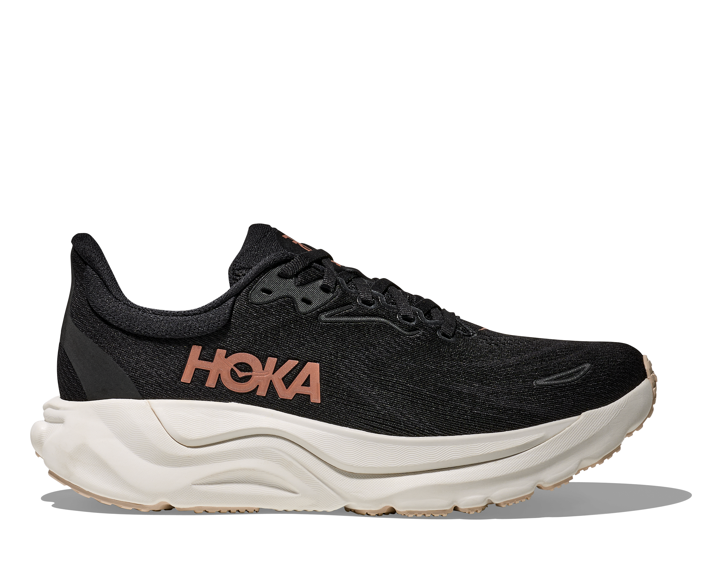 Black running shoe with 'Hoka' branding on a white background