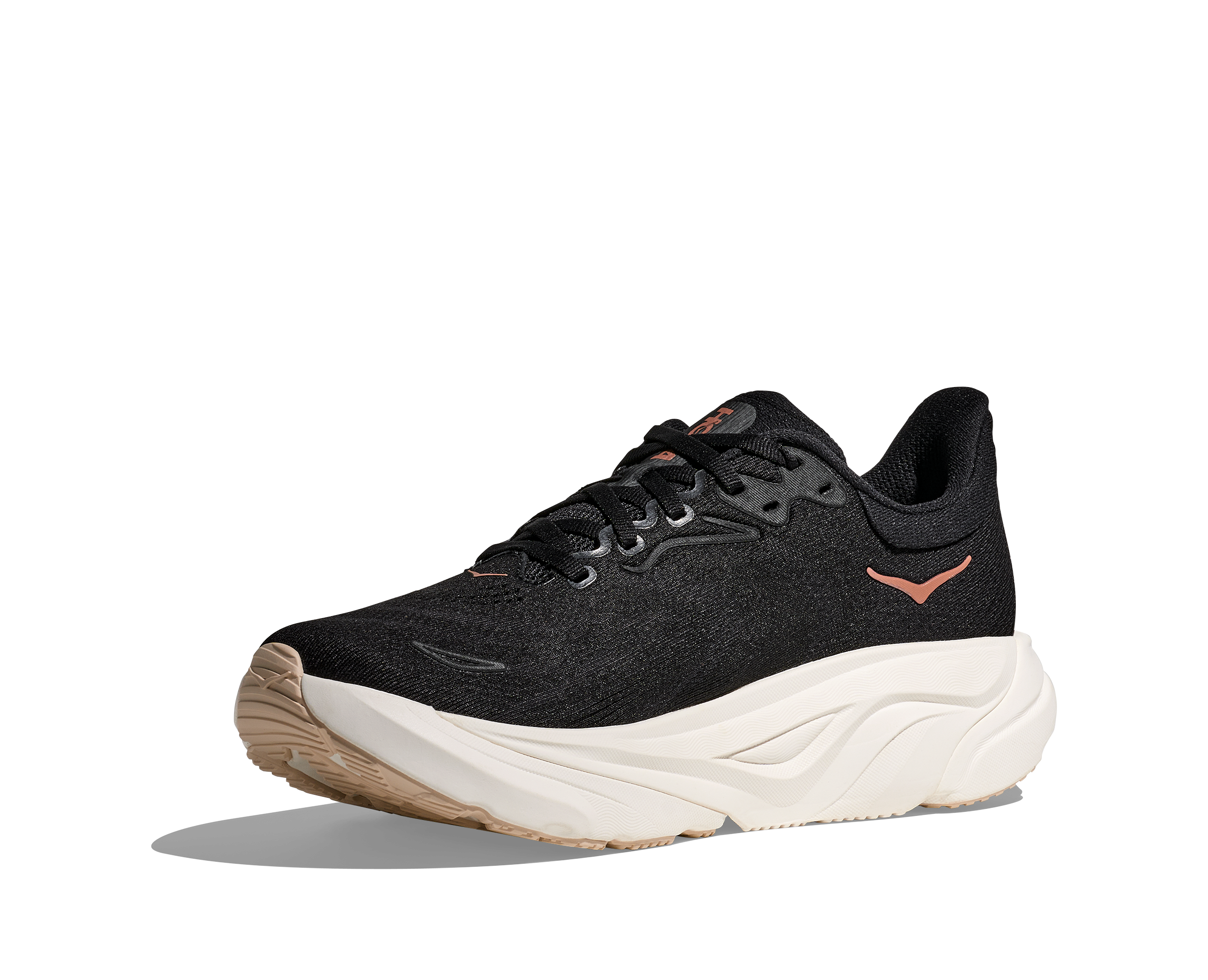 Black running shoe with a white sole on a white background