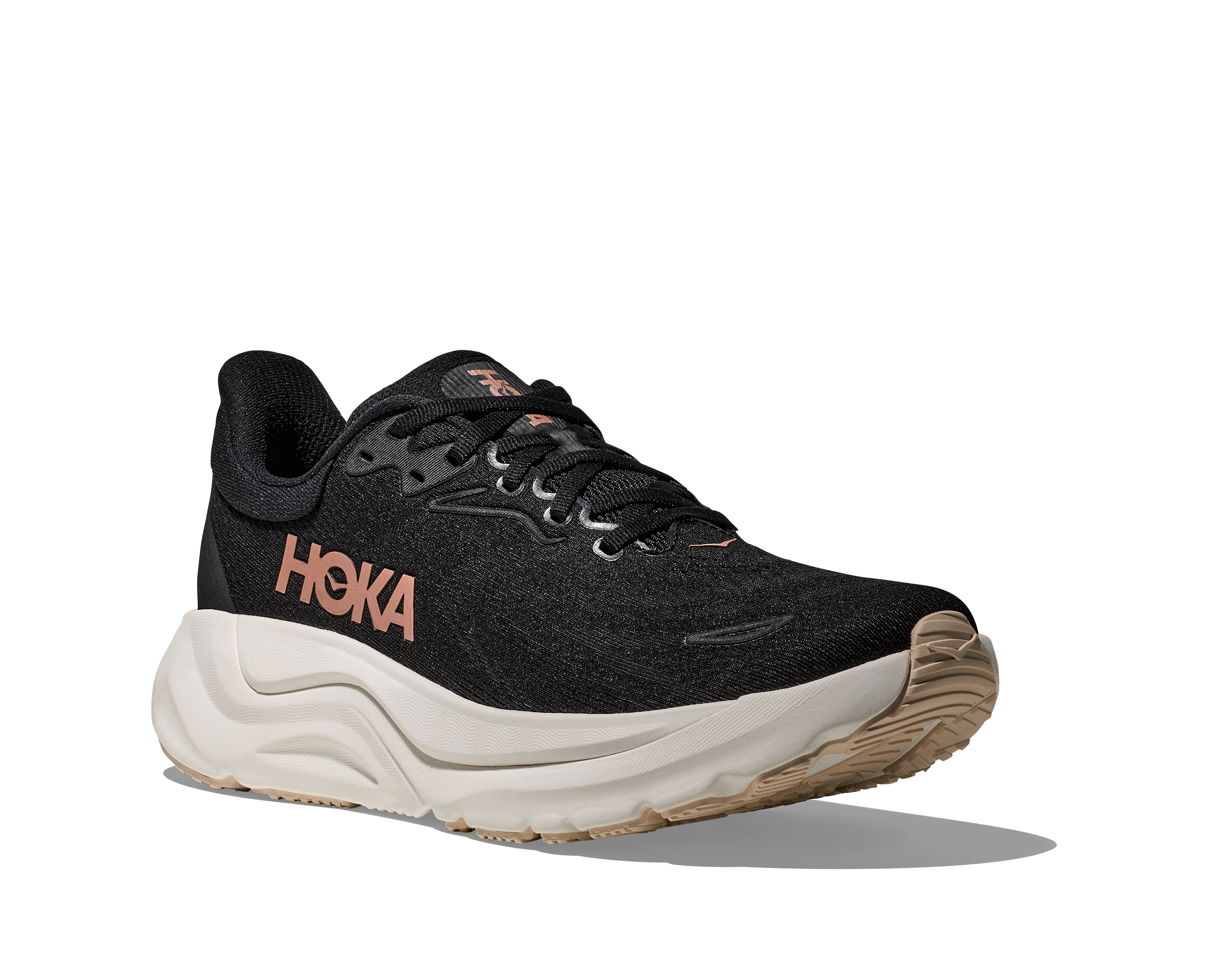 Black Hoka running shoe on a white background