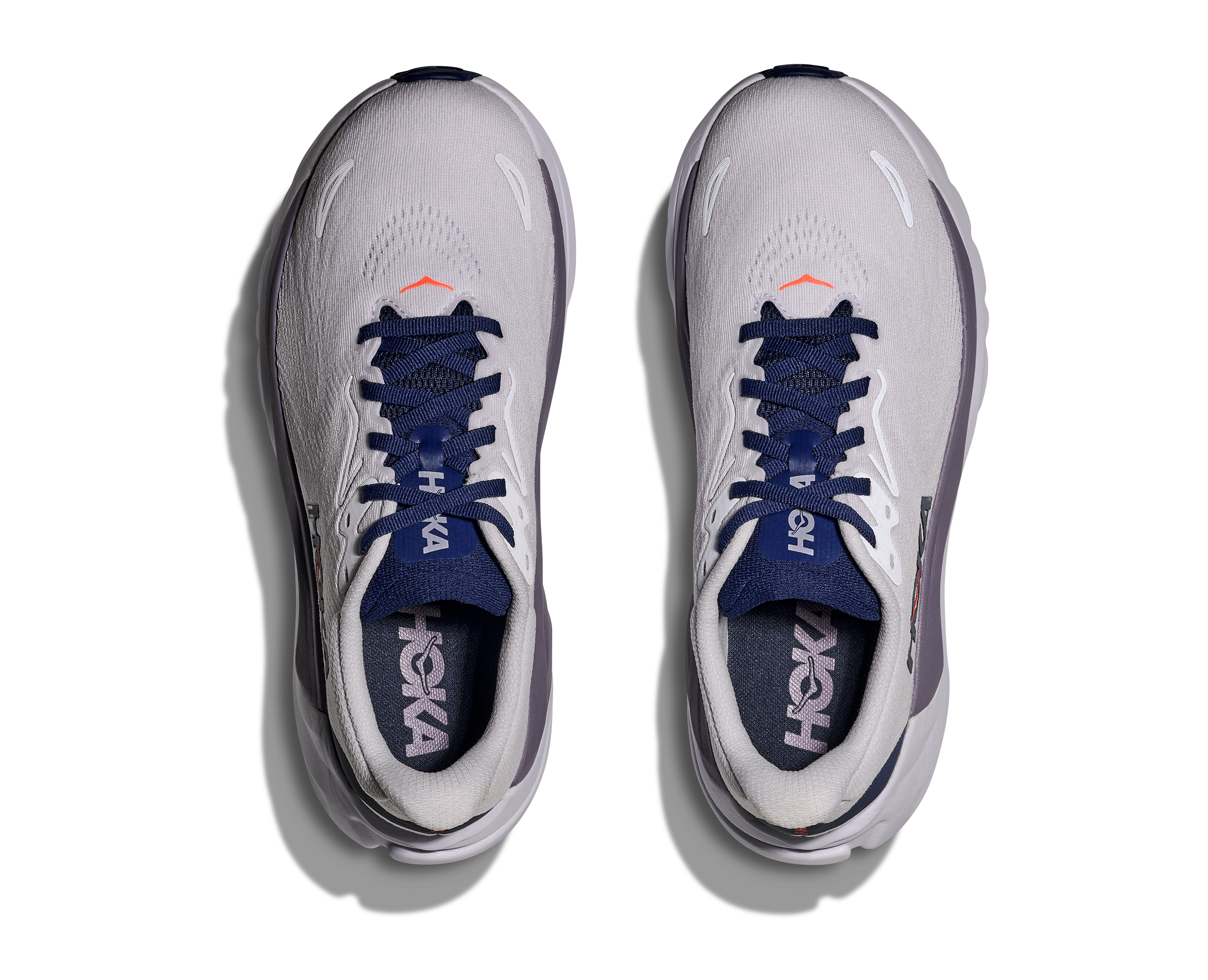 Gray and blue running shoes with Hoka branding on a white background