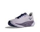 White and gray athletic shoe with blue accents on a white background