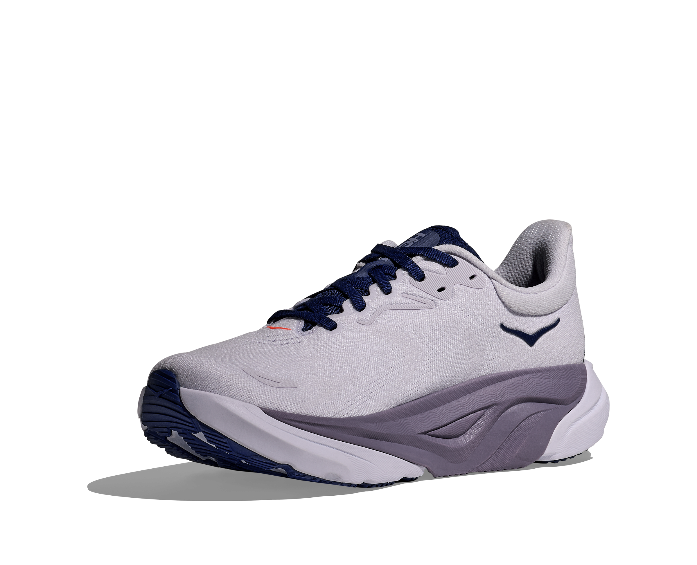 White and gray athletic shoe with blue accents on a white background