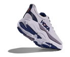 White and blue running shoe with Hoka branding on a white background