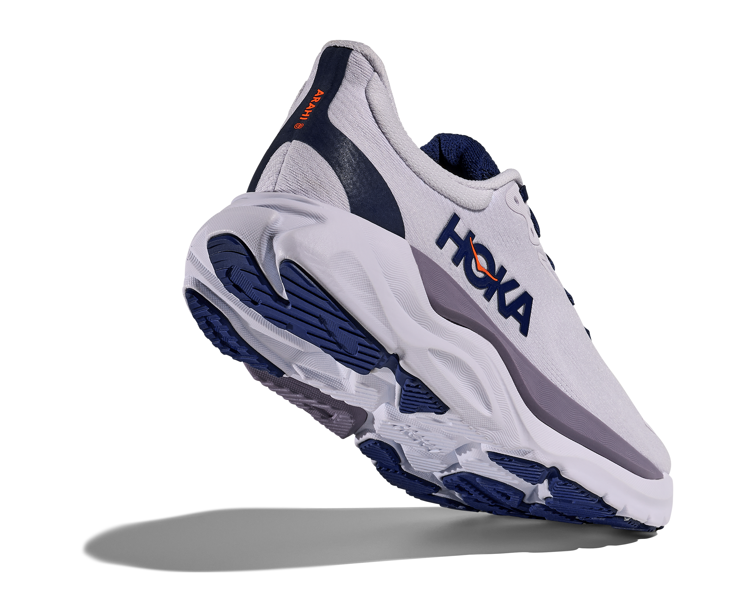 White and blue running shoe with Hoka branding on a white background