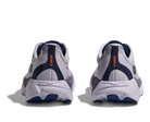 White and blue running shoes with orange branding on a white background