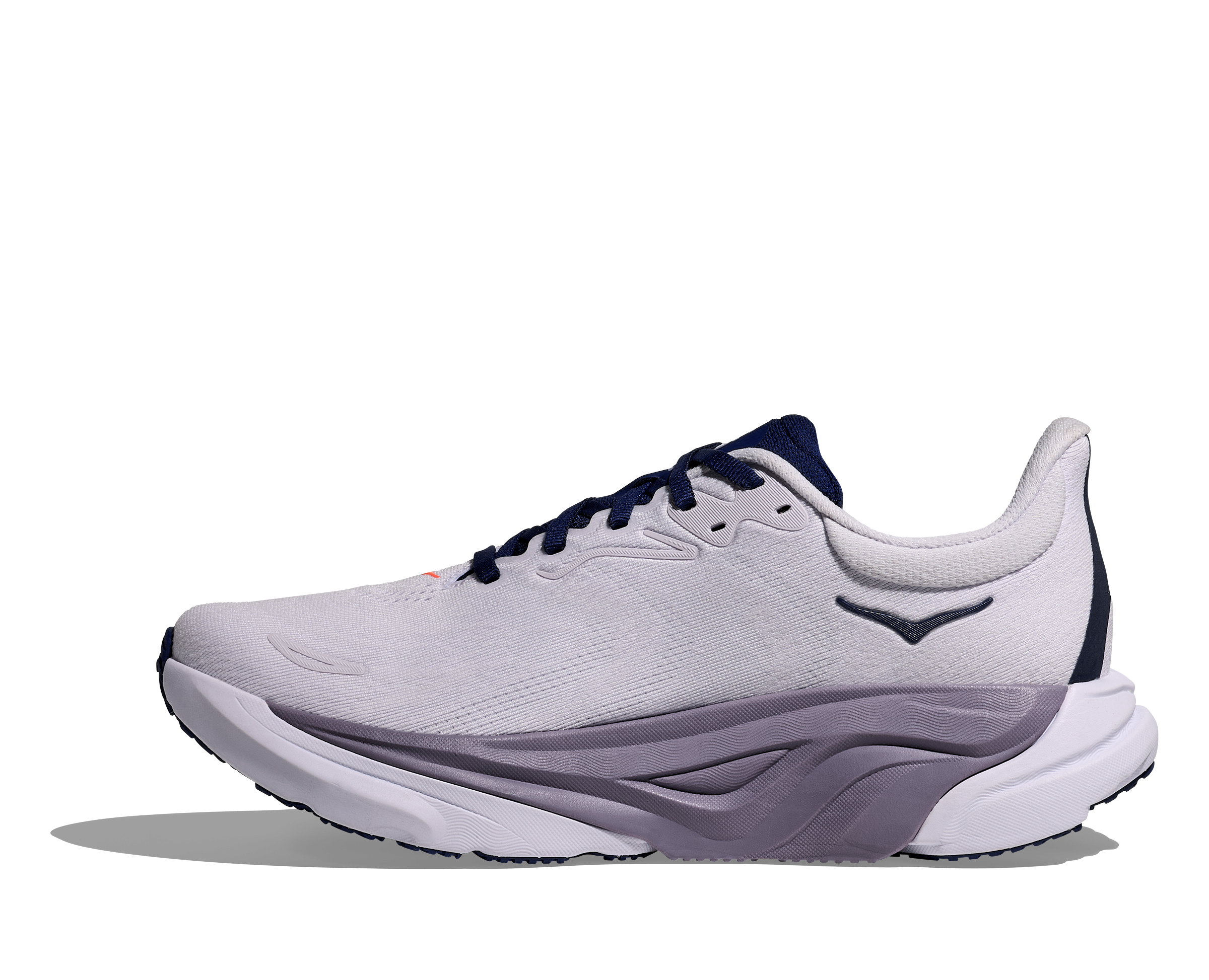 White running shoe with blue accents on a white background