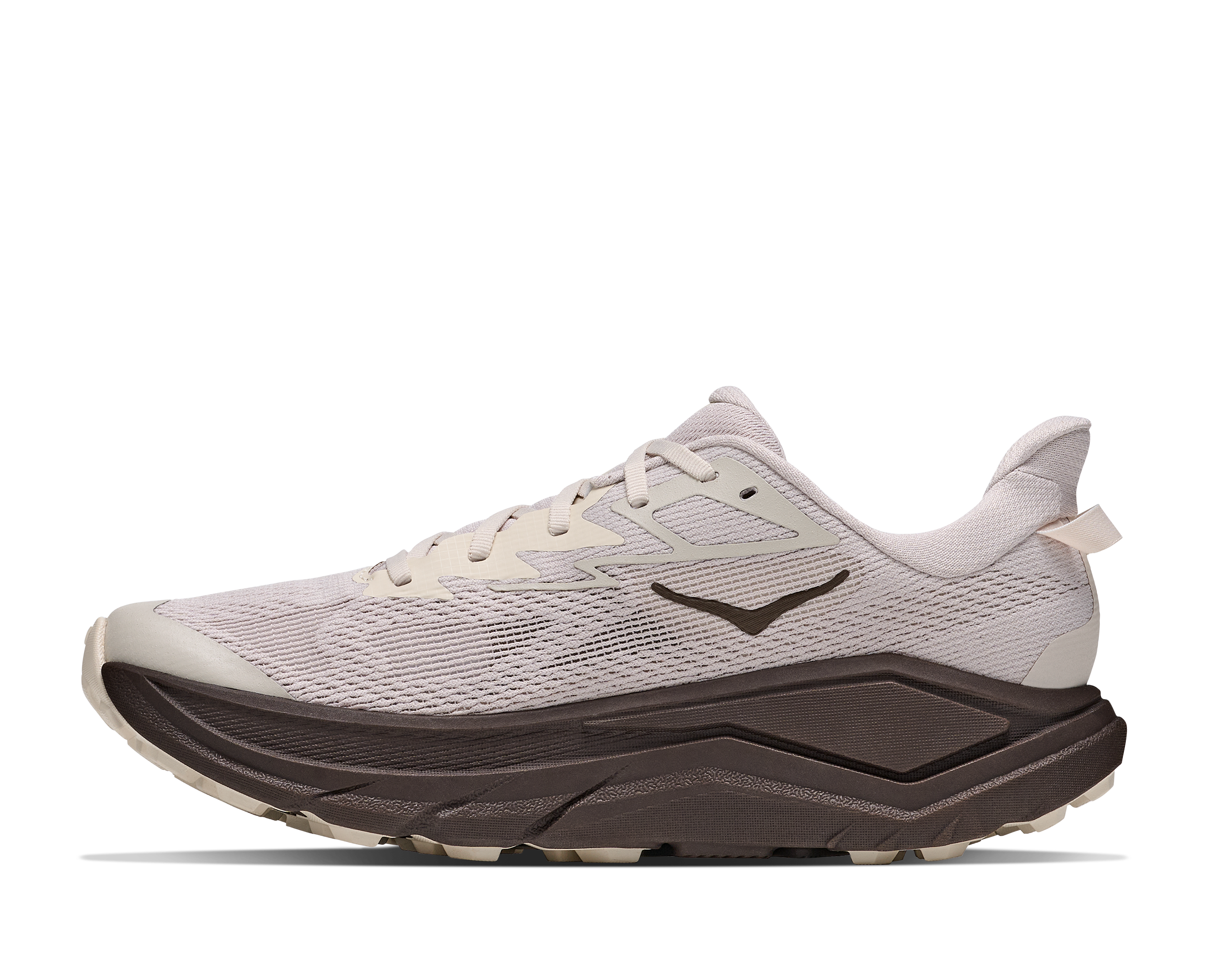 White running shoe with a brown sole on a white background