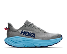 Gray running shoe with blue sole featuring Hoka branding on a white background