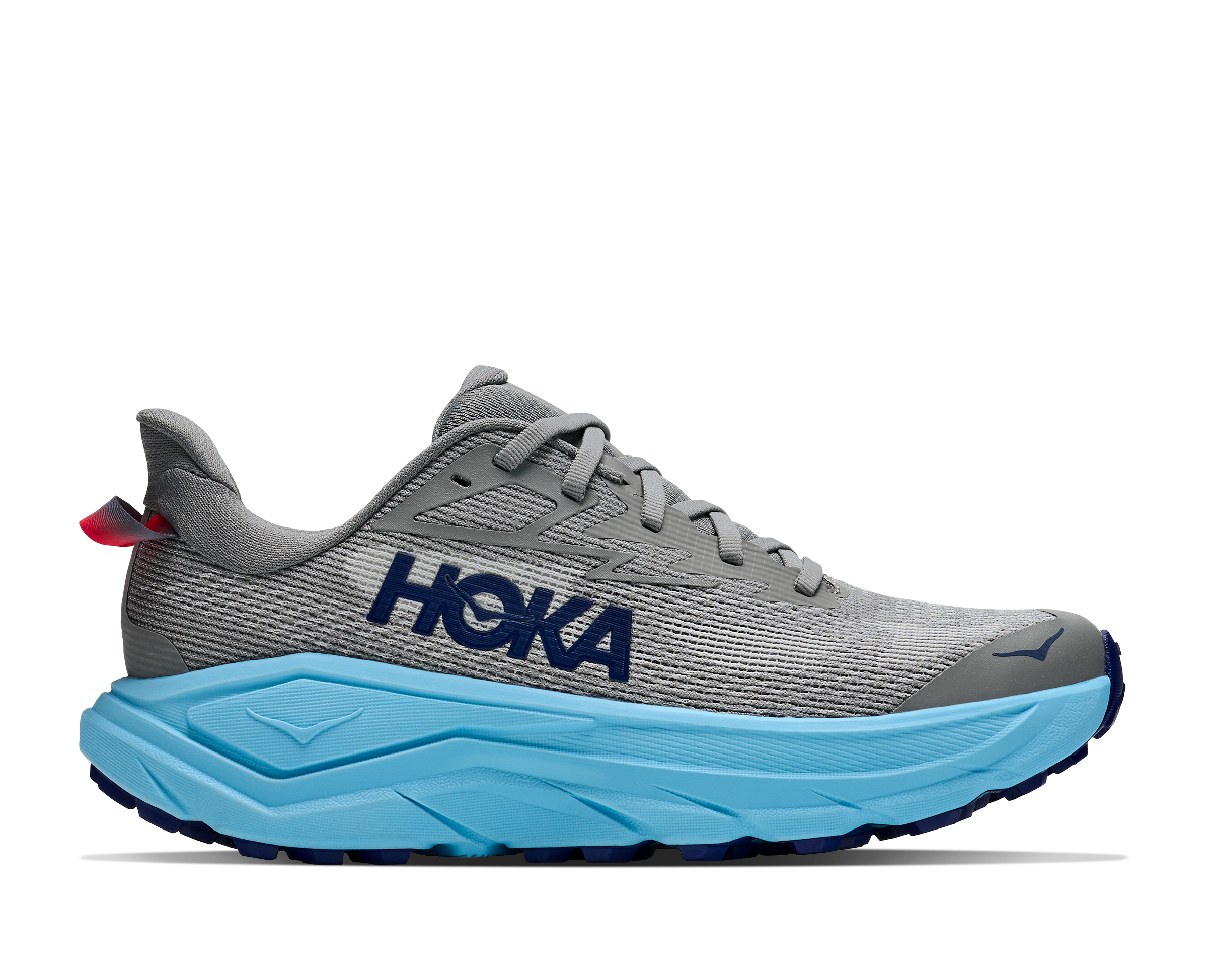 Gray running shoe with blue sole featuring Hoka branding on a white background