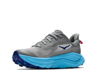 Gray running shoe with blue sole on a white background