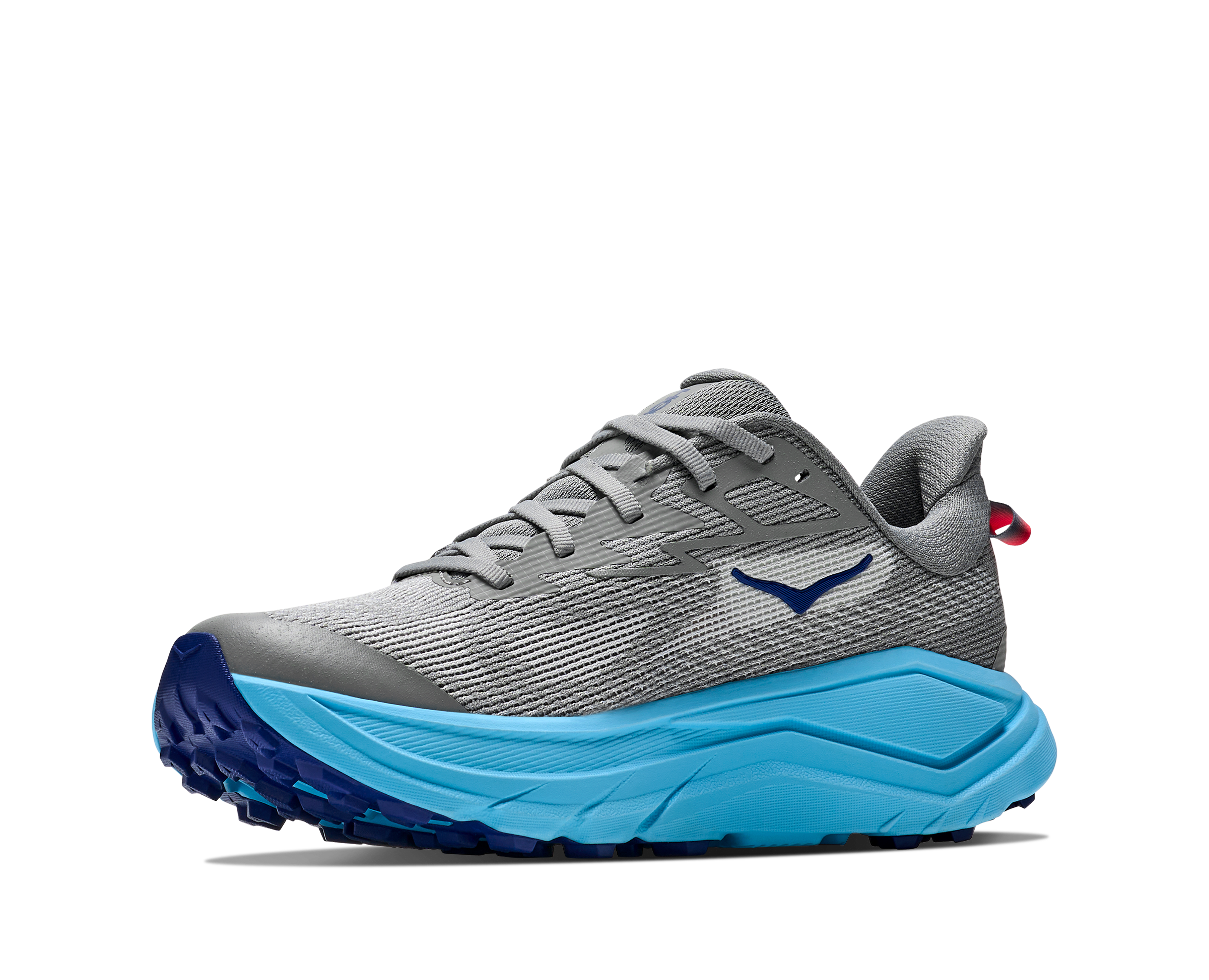 Gray running shoe with blue sole on a white background