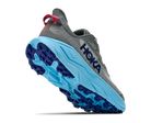 Gray and blue running shoe with 'Hoka' branding on a white background