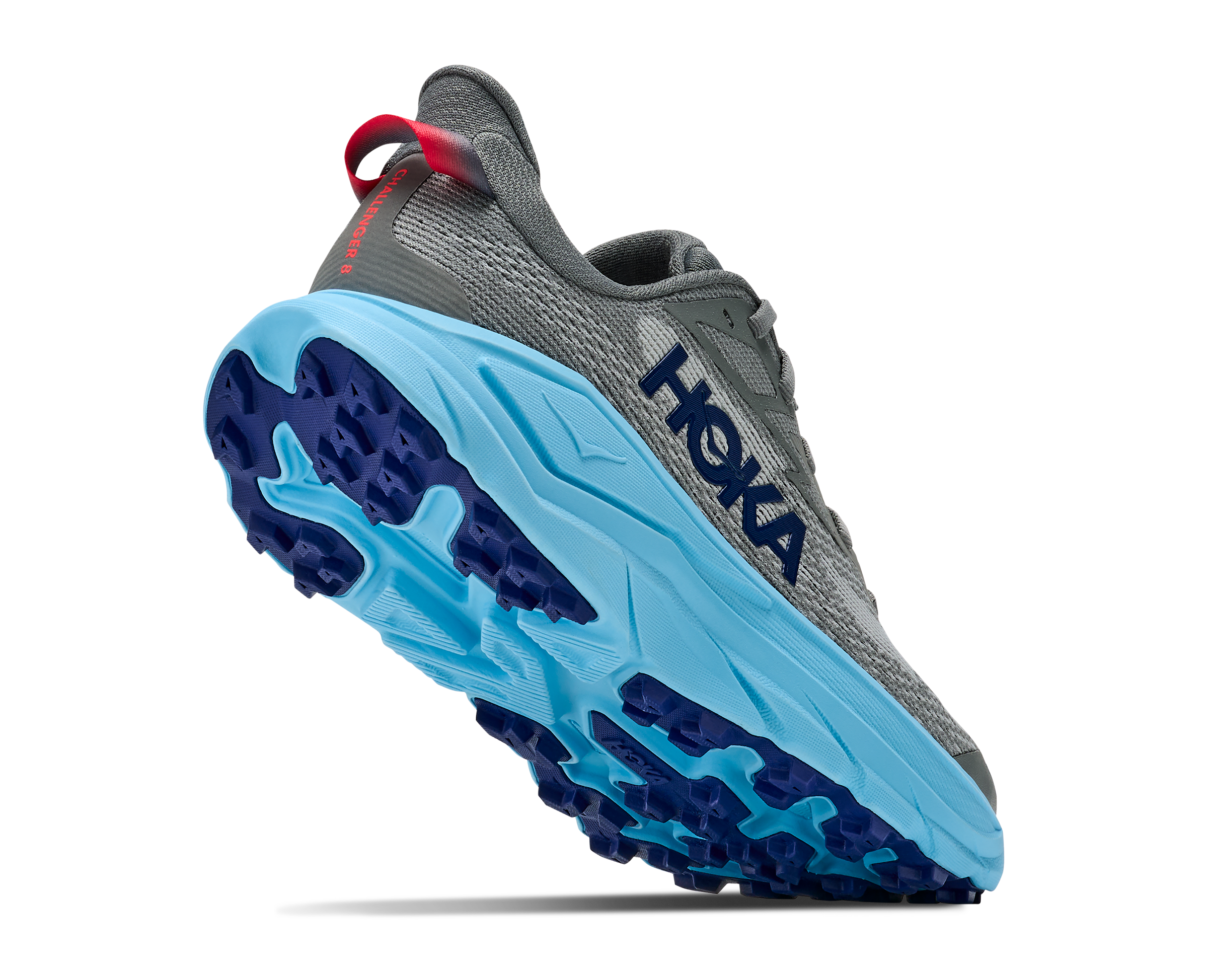 Gray and blue running shoe with 'Hoka' branding on a white background