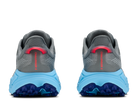 Gray and blue running shoes with red accents on a white background