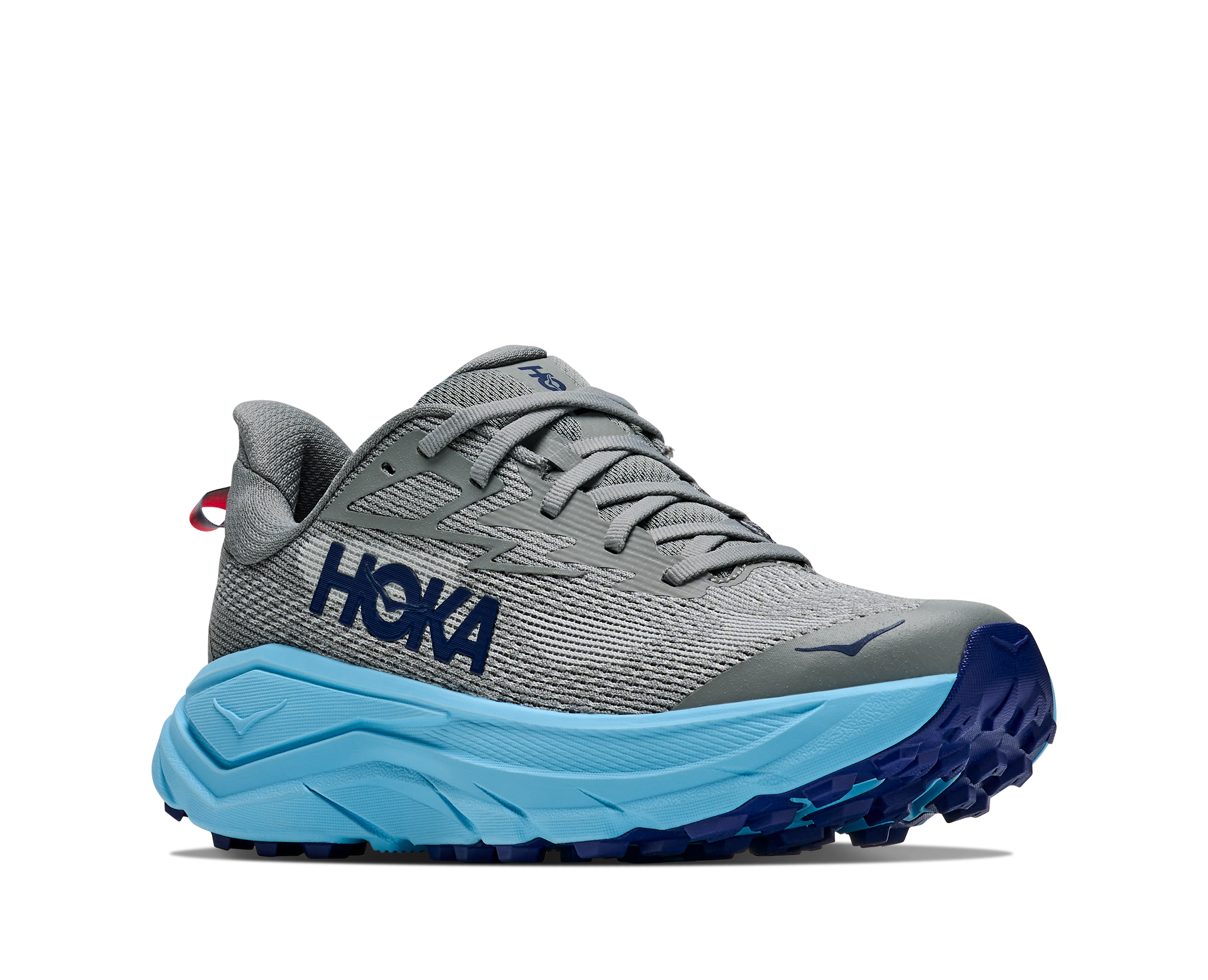 Gray and blue running shoe with Hoka branding on a white background