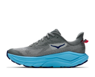 Gray running shoe with blue sole on a white background