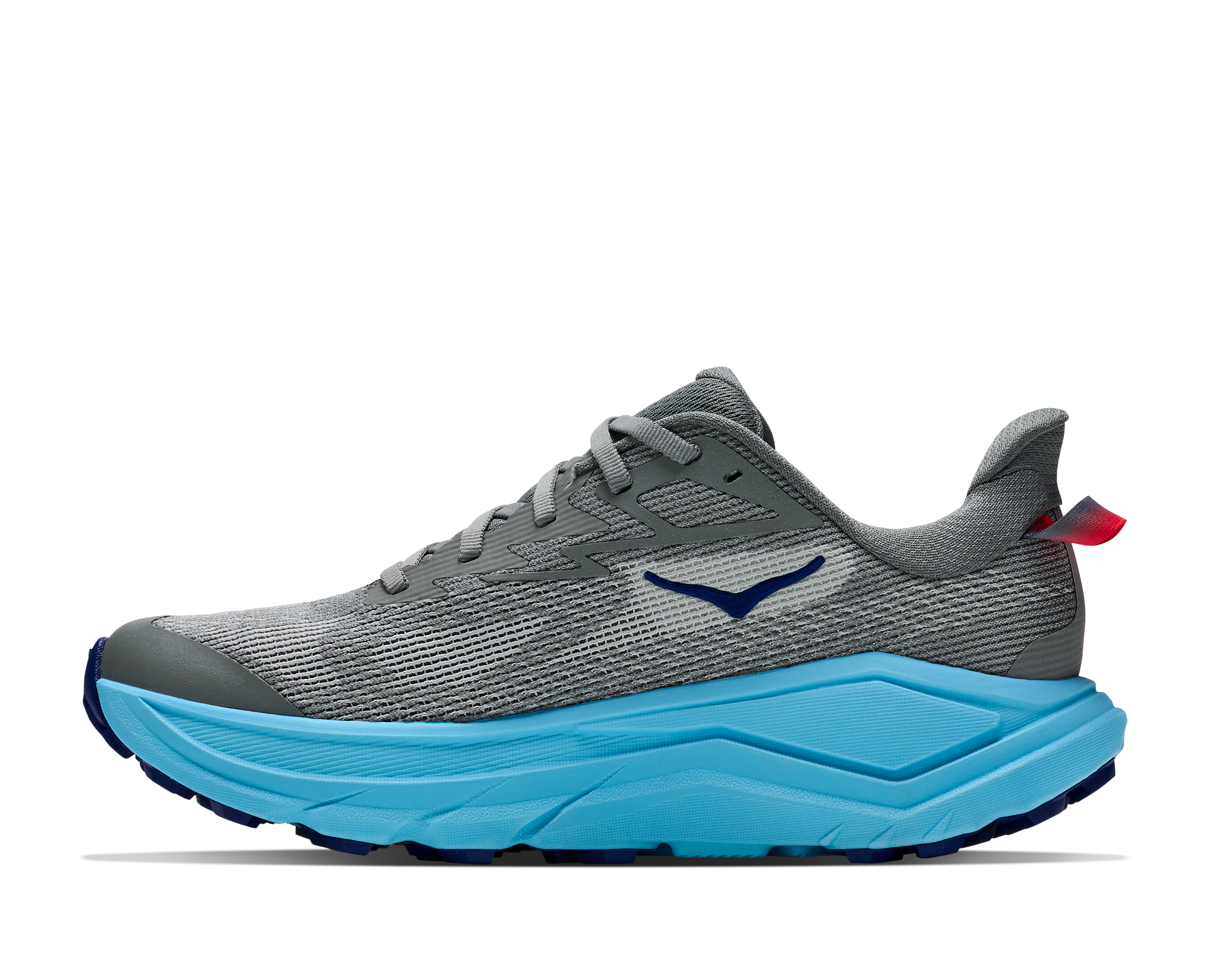 Gray running shoe with blue sole on a white background