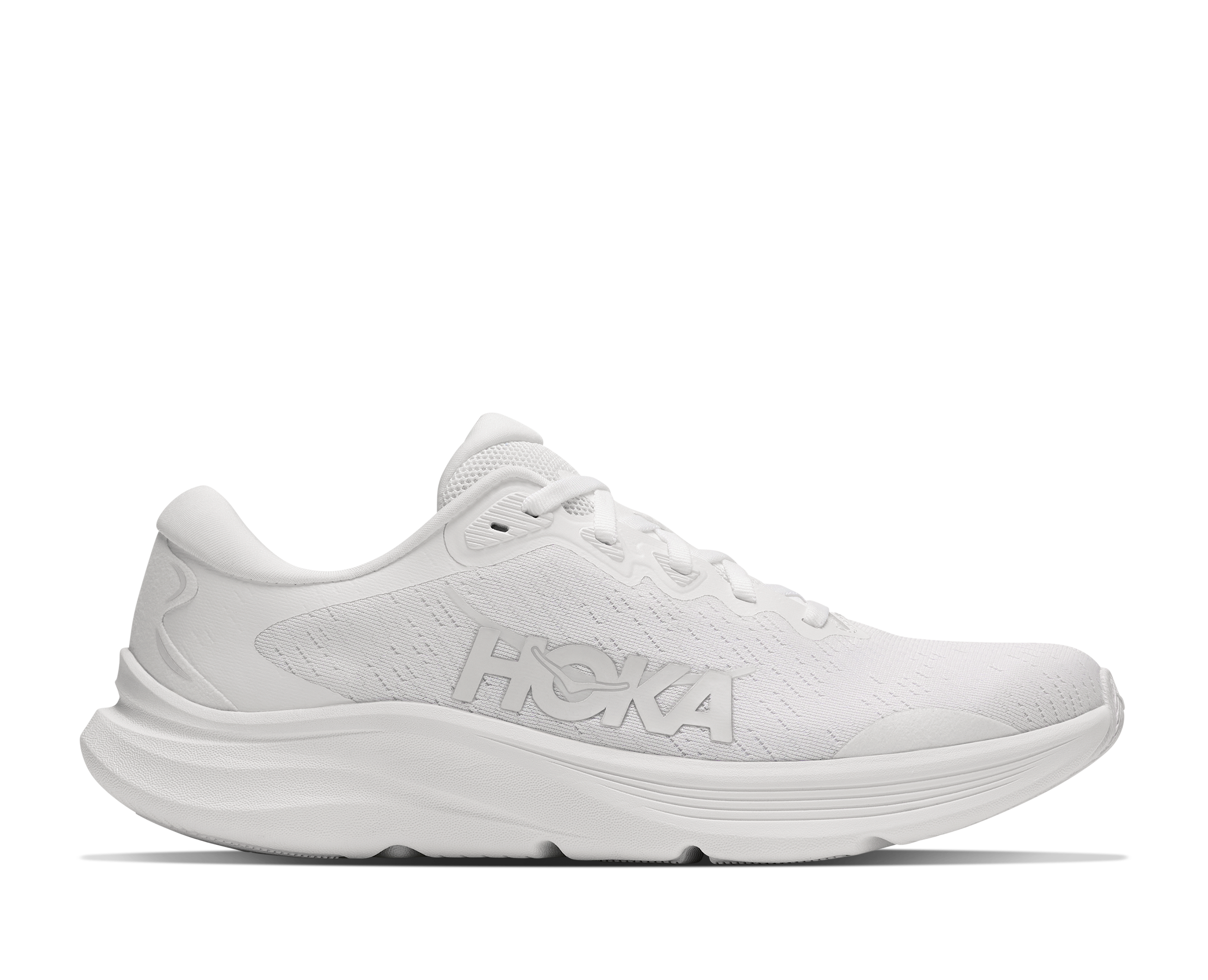White running shoe with 'Hoka' branding on a white background