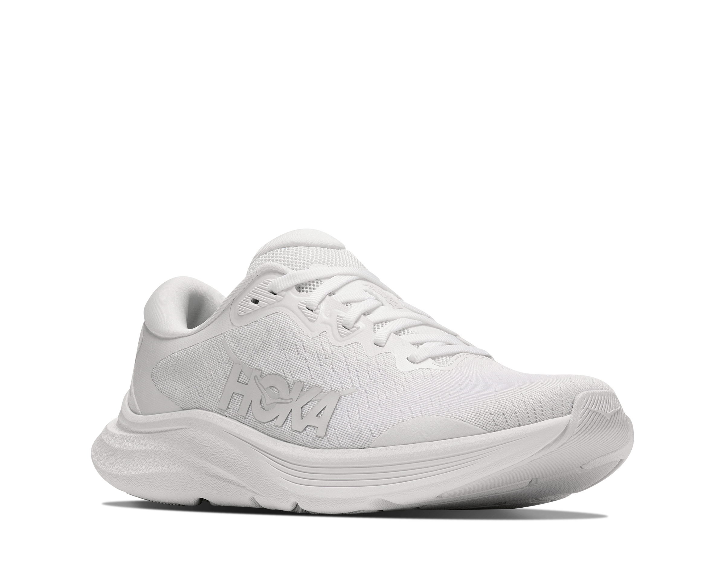 White running shoe with 'Hoka' branding on a white background
