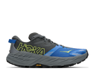 Gray and blue running shoe with Hoka branding on a white background
