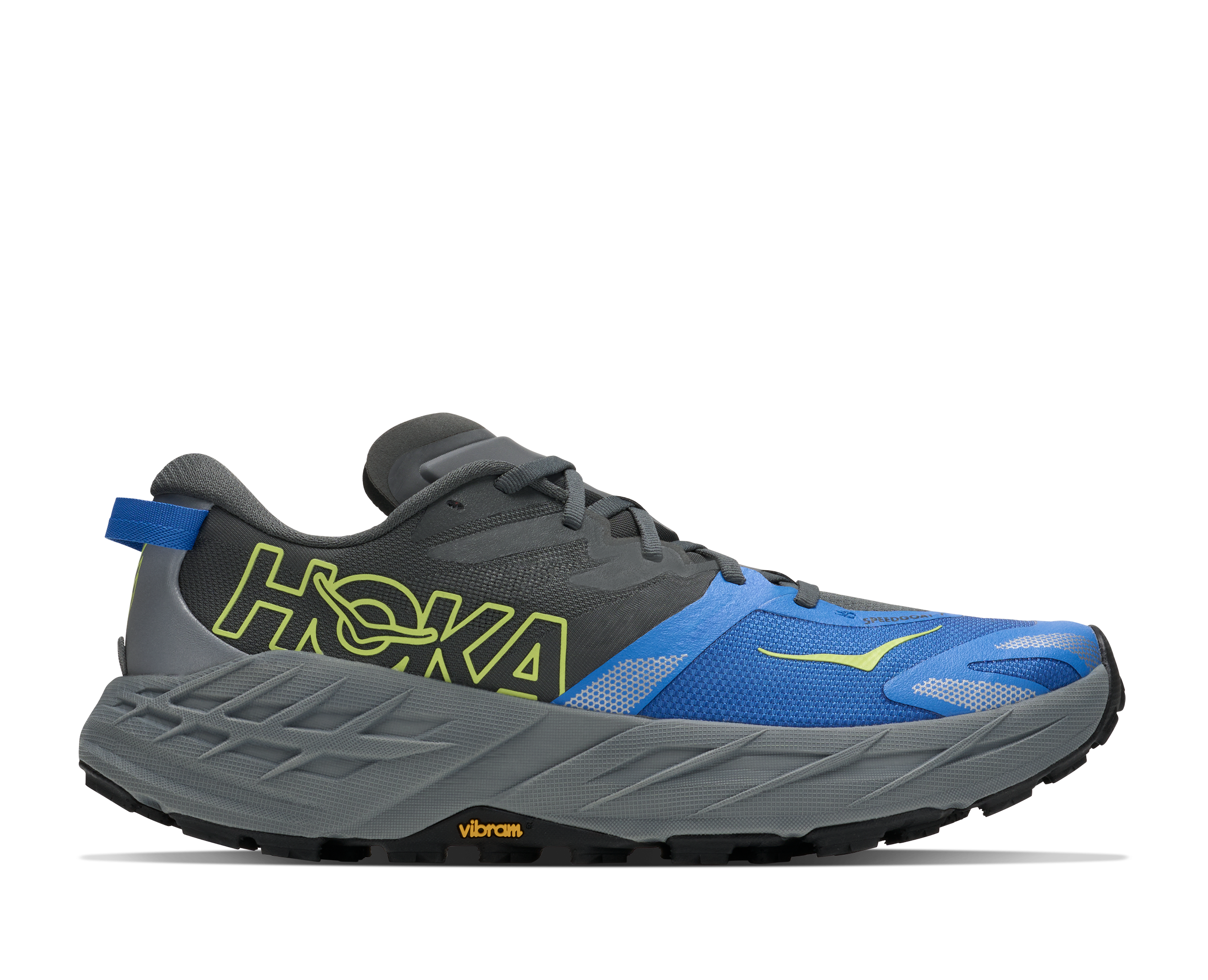 Gray and blue running shoe with Hoka branding on a white background