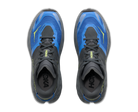 Blue and gray athletic shoes with 'HOKA' branding on a white background