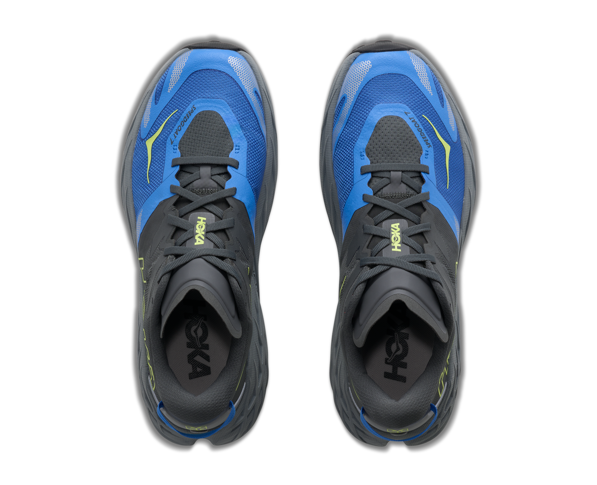 Blue and gray athletic shoes with 'HOKA' branding on a white background