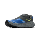 Blue and gray running shoe with a green accent on a white background