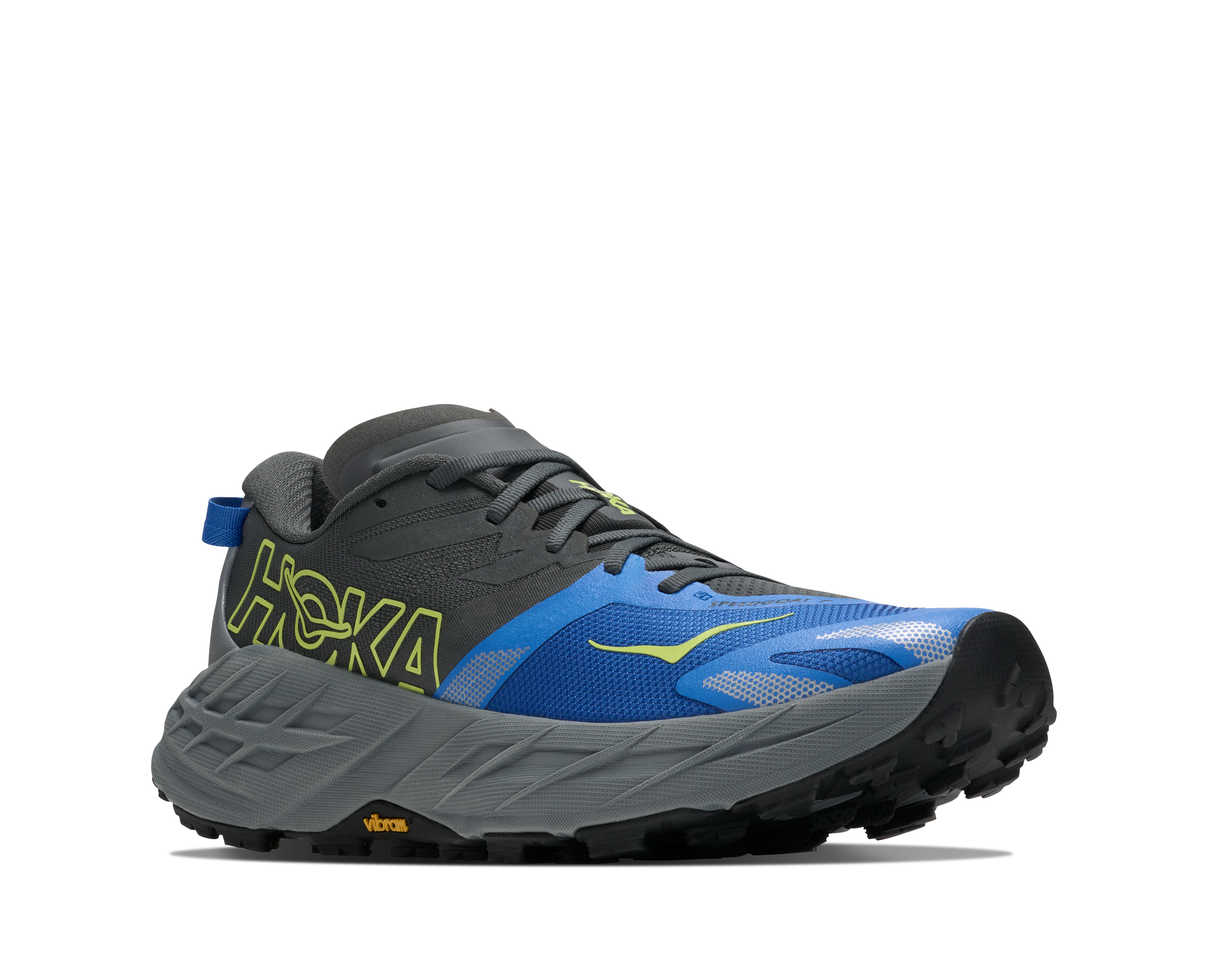 Hoka running shoe with blue and gray design on a white background