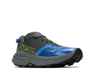 Hoka running shoe with blue and gray design on a white background