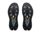 Black and gray sole of a shoe with a brand logo on a white background
