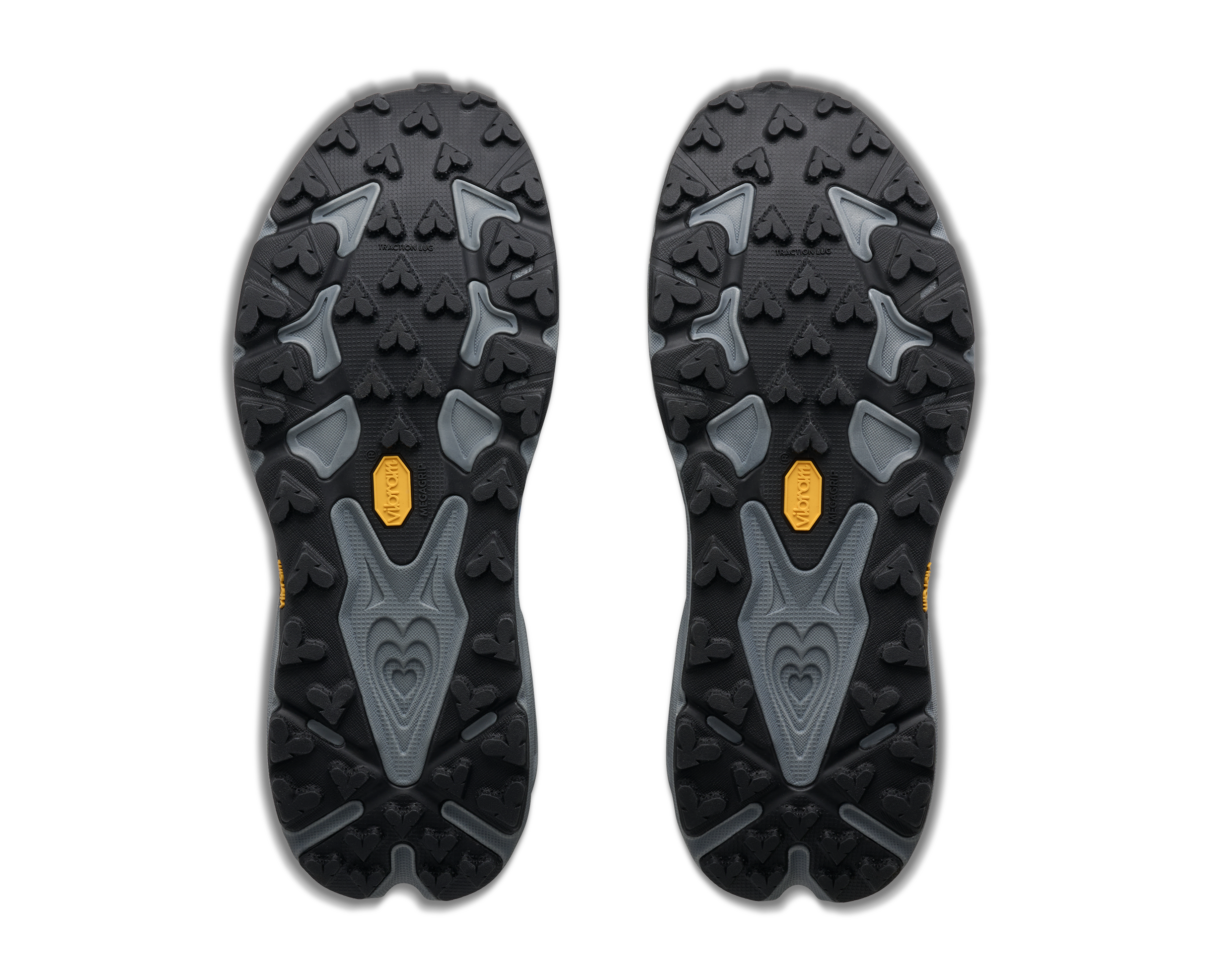 Black and gray sole of a shoe with a brand logo on a white background