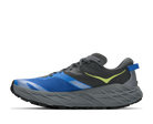Blue and gray running shoe with a yellow accent on a white background