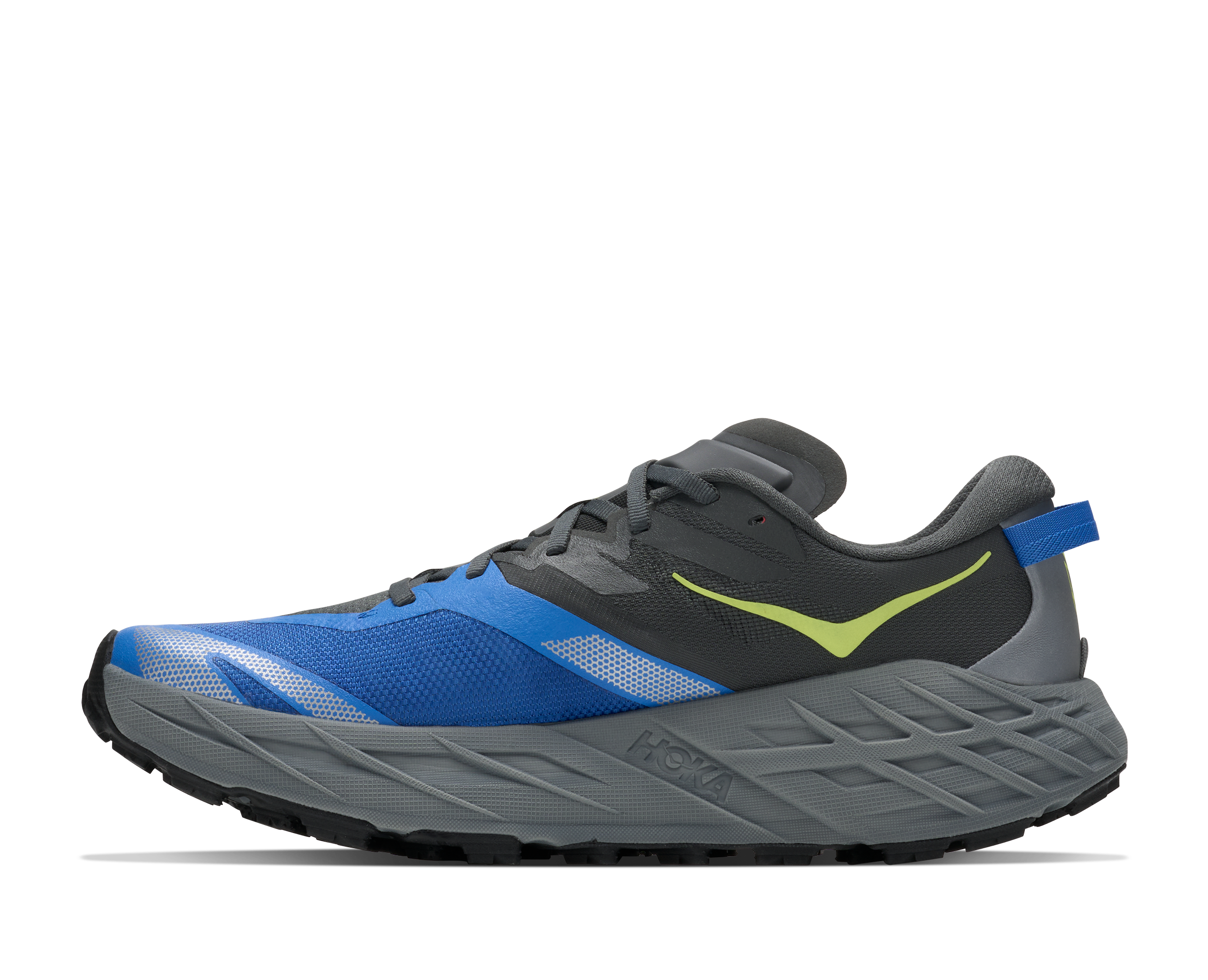 Blue and gray running shoe with a yellow accent on a white background