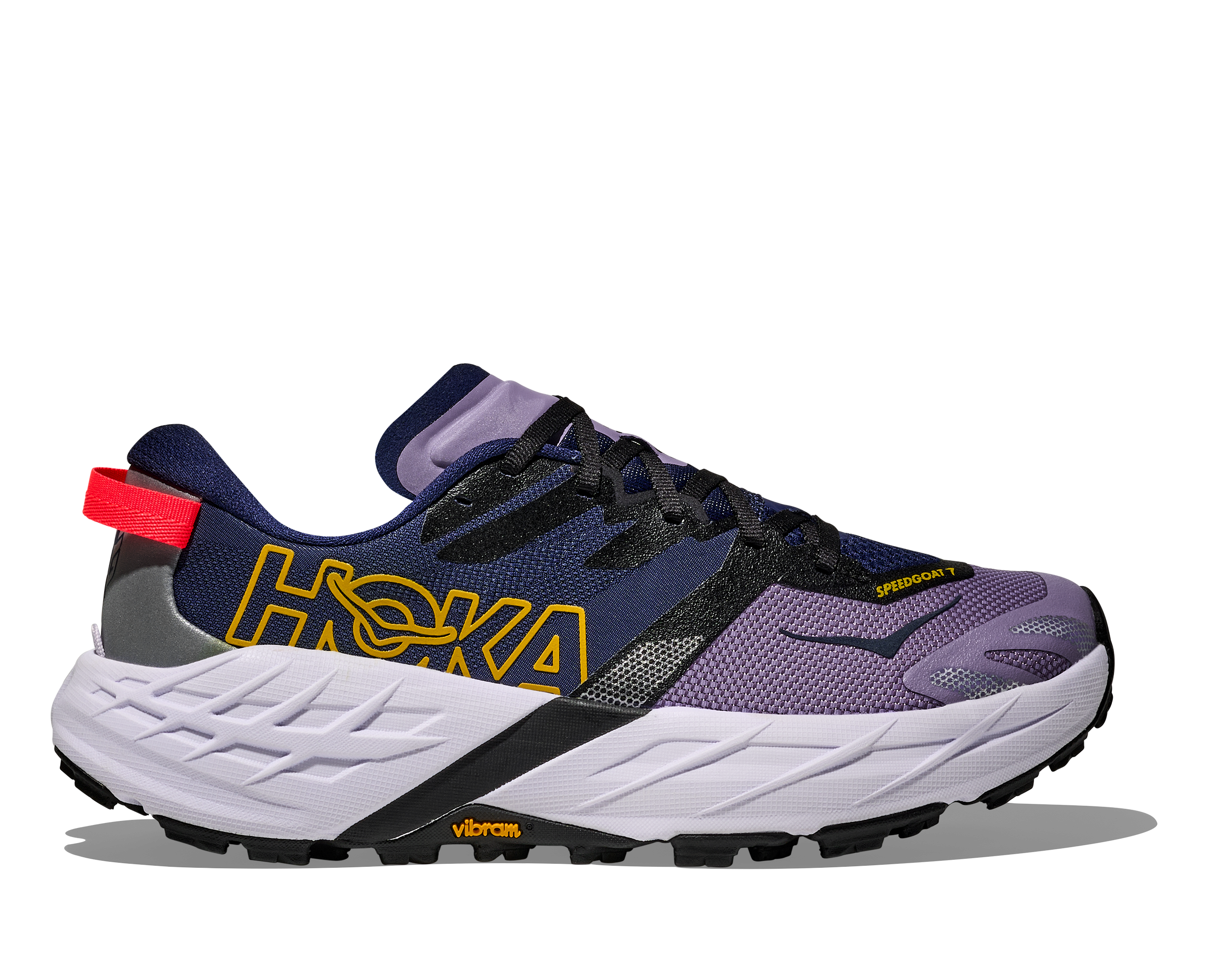 Purple and blue running shoe with visible branding on a white background