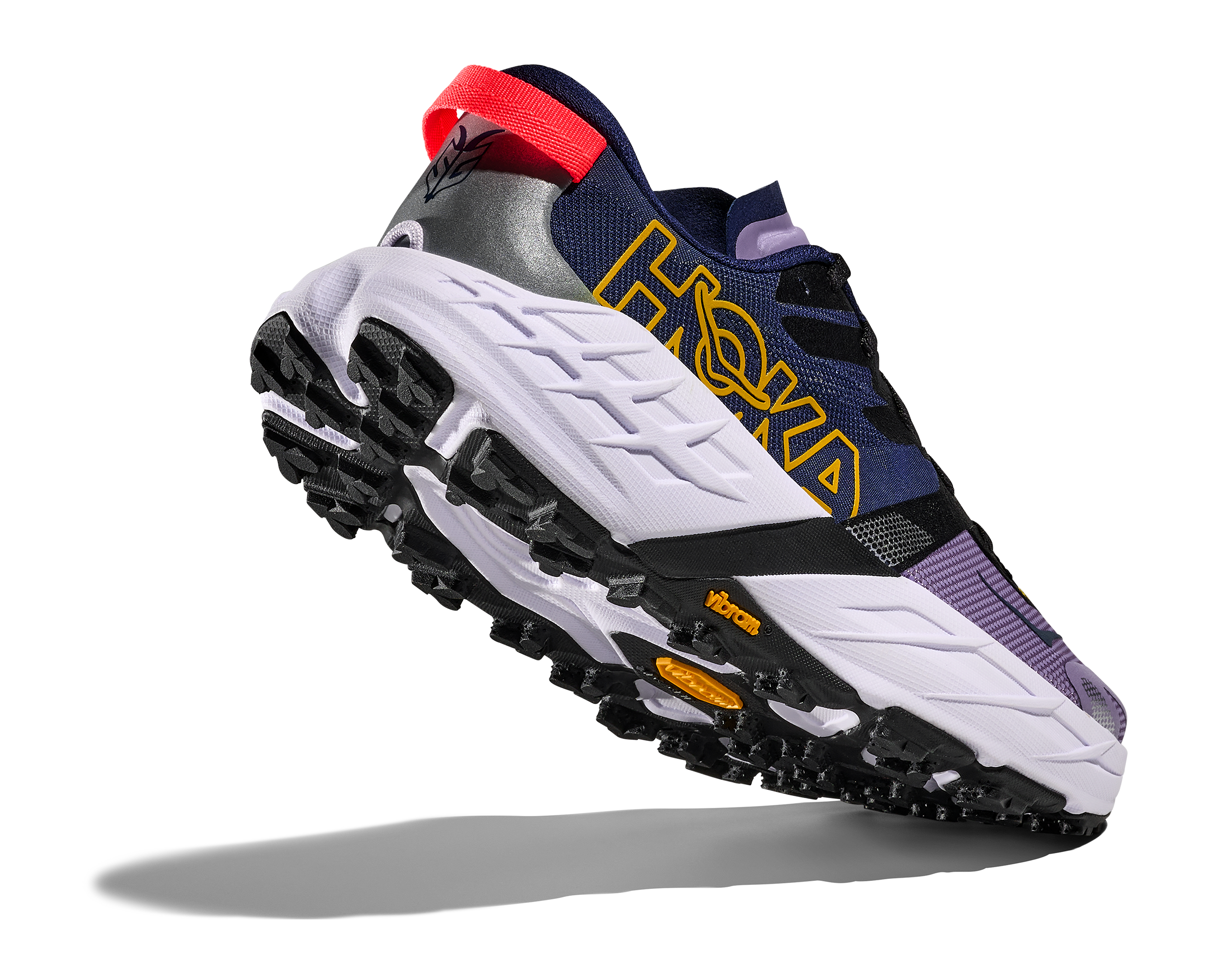 Multicolored running shoe with 'Hoka' branding on a white background