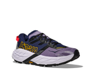 Purple and black running shoe with white sole on a white background